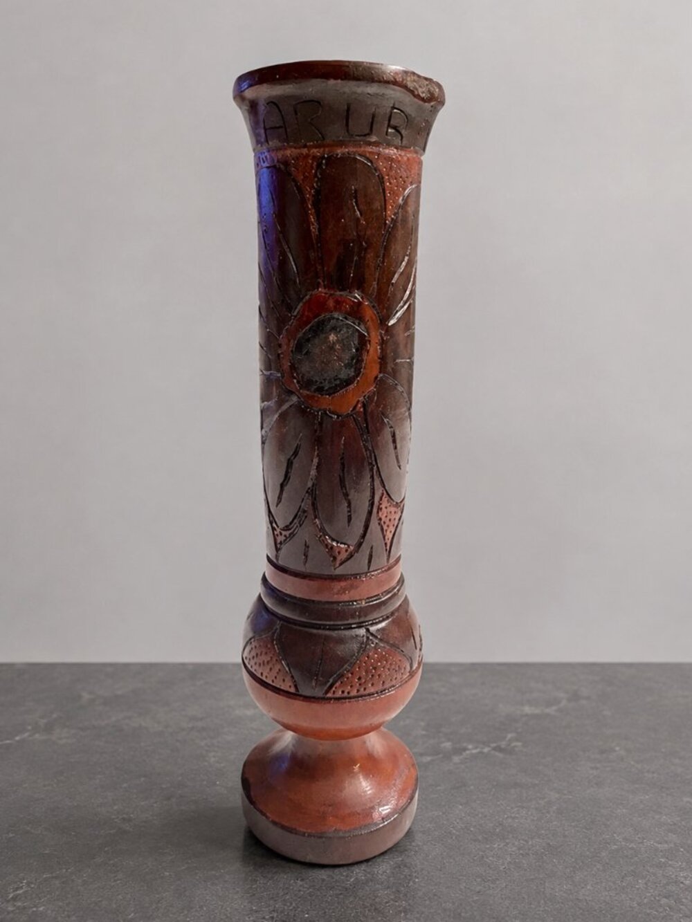 Vintage Aruba Hand Carved Wood Fluted Floral Folk Art Pedestal Vase 10 In